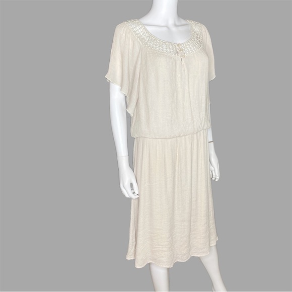 Anthropologie Mlle Gabrielle Cream Short Sleeve Peasant Linen Dress - Picture 2 of 5